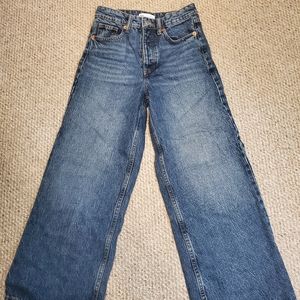 High waisted wide legged blue denim jeans